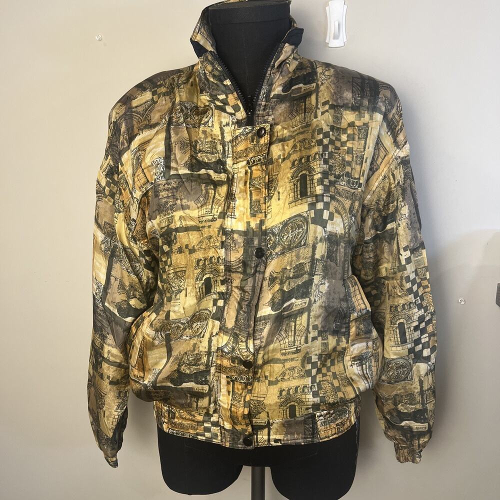 Vintage 80s Details Sportswear Bomber Jacket 100%‎ Silk Med. Gold City Print
